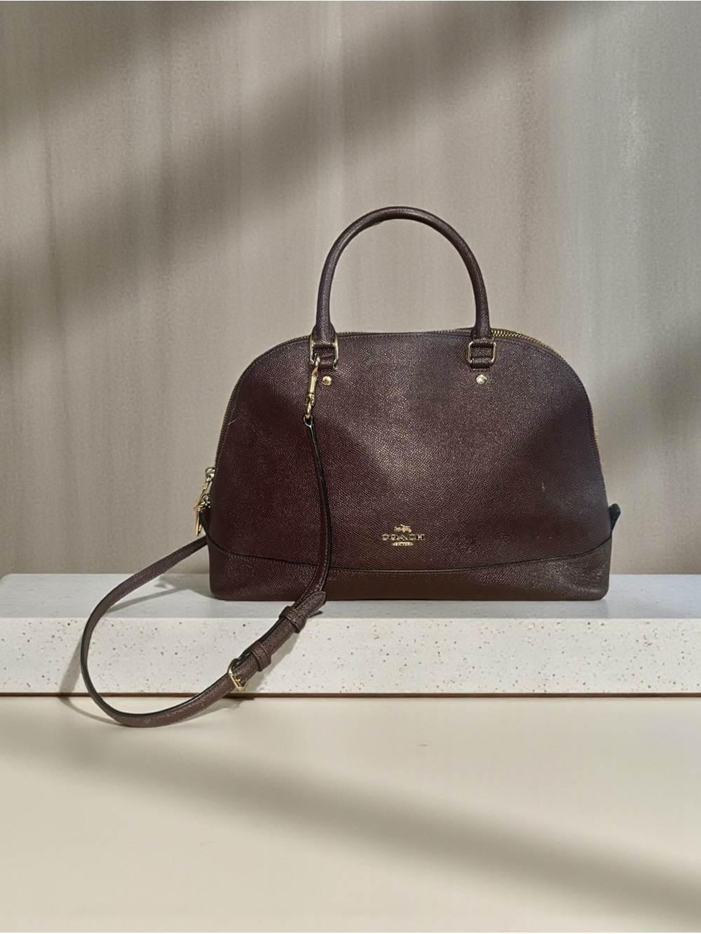 Coach Sierra Cross-Grain Leather Satchel Wine Burgundy Crossbody Handbag